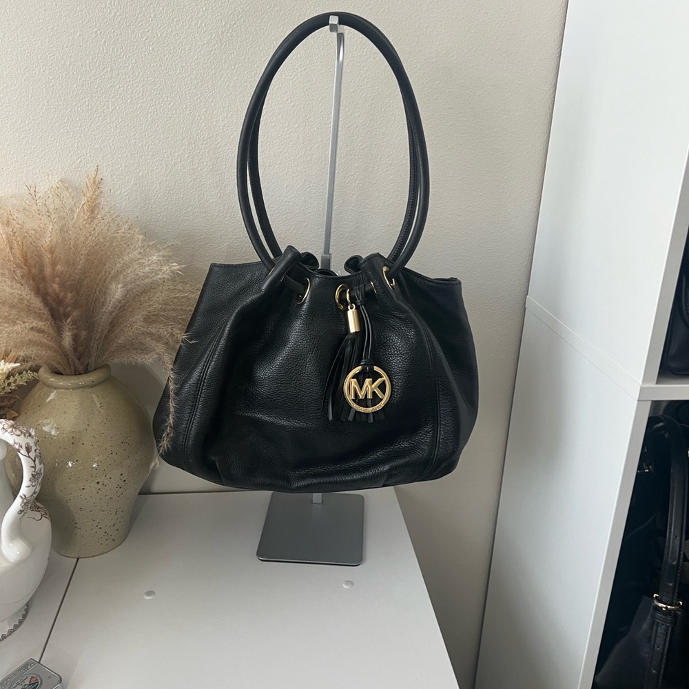 Michael Kors Black Pebbled Leather Shoulder Bag with Gold MK Charm
